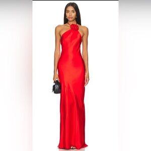 Lovers + Friends One-Shoulder Red Satin Gown with Floral Accent